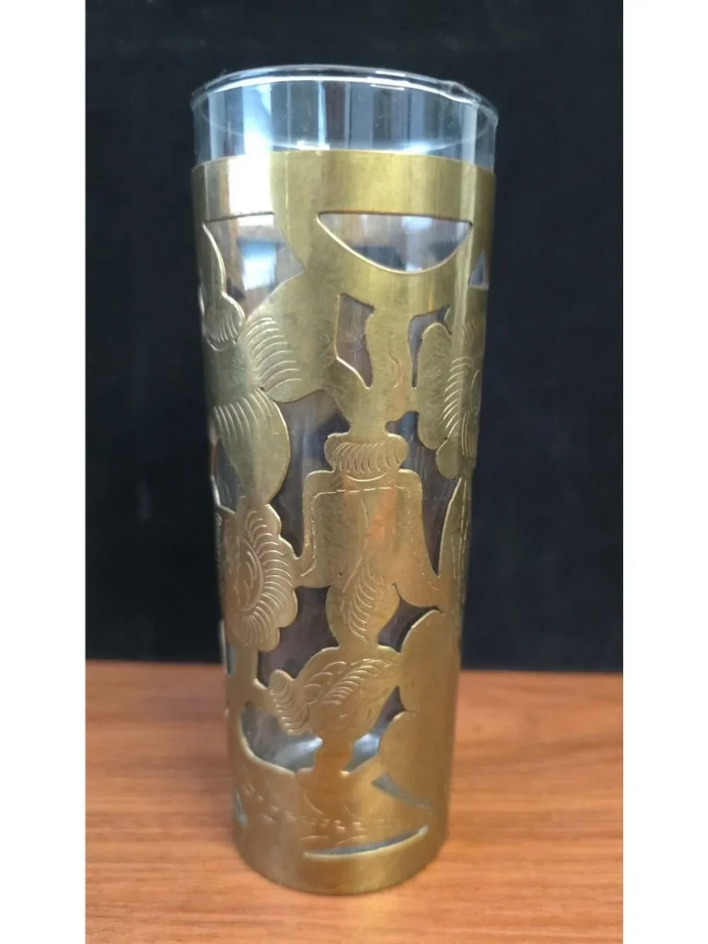 Vintage Mexican MCM Brass Overlay Glass Tumbler w/ Etched Floral Design 6.5